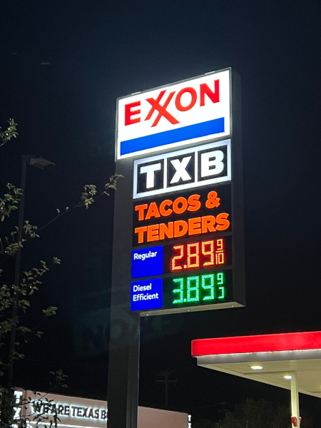 Exxon and TXB Price Sign with Tacos and Tenders text